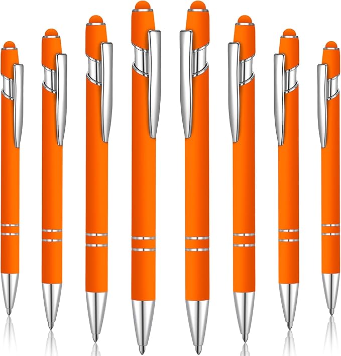 8 Pieces Ballpoint Pen with Stylus Tip Black Ink 2 in 1 Stylus Metal 1.0 mm Medium Point Smooth Pen Rainbow Colorful Rubberized Ballpoint for Touch Screen Tablet(Orange)