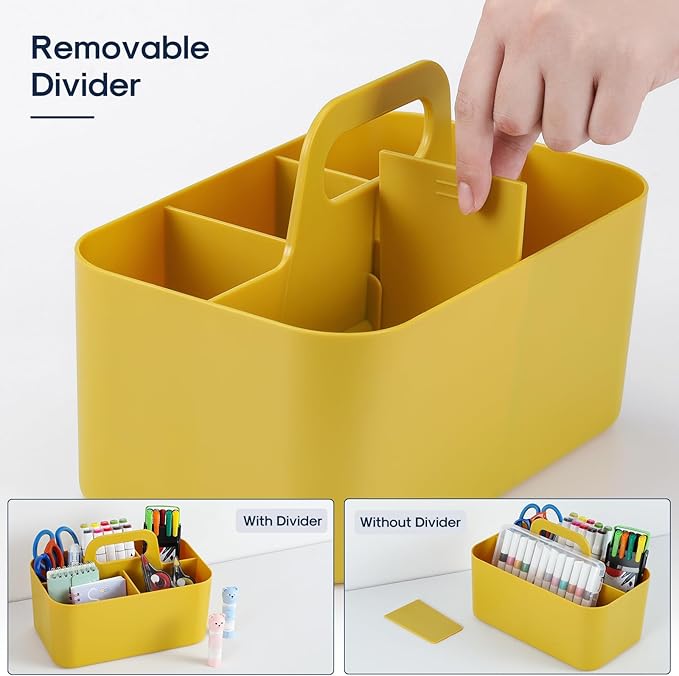 Multiuse Caddy Organizer w/ Handle - Stackable Plastic Tote Bin - Art Craft Supplies, Office, Desk, Stationery Pen Holder, Kitchen, Utensil, Makeup, Bathroom, Shower, Cleaning, Dorm Organizer - Yellow