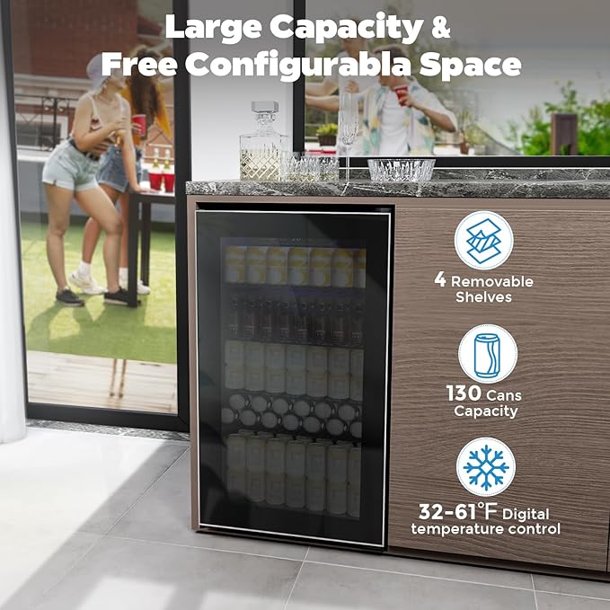 Kndko Beverage Refrigerator Cooler - 130 Can Mini Fridge with Adjustable Shelves, Glass Door, Digital Temperature Control, LED Lighting, Energy Efficient for Home, Office, Bar - 3.2 Cu.Ft, Black