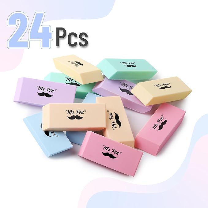 Mr. Pen- Erasers, 24 Pack, Pastel Colors Pencil Eraser, Erasers for Pencils, Mr Pen Erasers, Erasers for School, Large Eraser, Block Erasers for School, Rubber Eraser, Large Erasers for School
