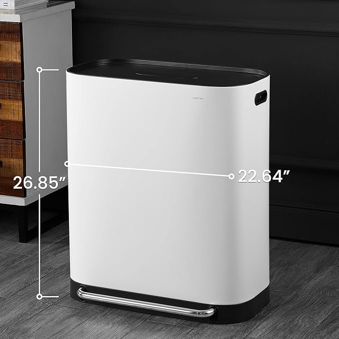 happimess HPM1014C Beni Kitchen 16-Gallon Double-Bucket Step-Open Trash Can with Soft-Close Lid, Modern, Minimalistic, Fingerprint Proof for Home, Kitchen, Laundry Room, Office, Bathroom, White