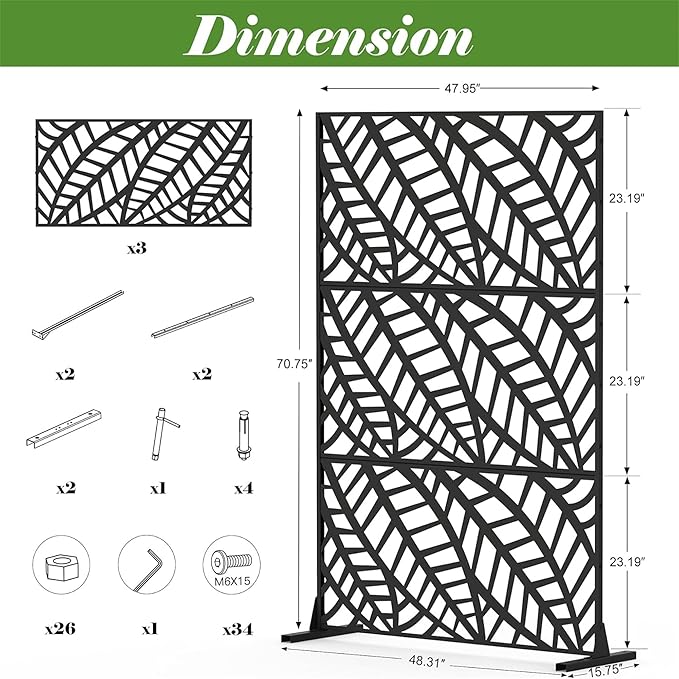NicBex Room Divider 1 Panel Room Dividers with Leaf Pattern Design Partition Room Dividers and Metal Privacy Screens Wall Divider for Outdoor, Room Separation,48.31" W x 15.75" D x 70.75" H, Black