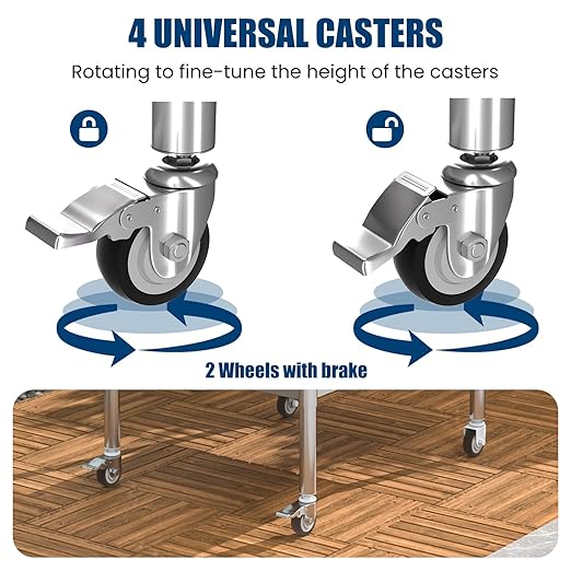 Stainless Steel Table with Wheels 18 x 48 Inches Metal Prep Table with Backsplash & Caster, Adjustable Undershelf for Commercial Kitchen, Outdoor, Restaurant, Hotel & Garage
