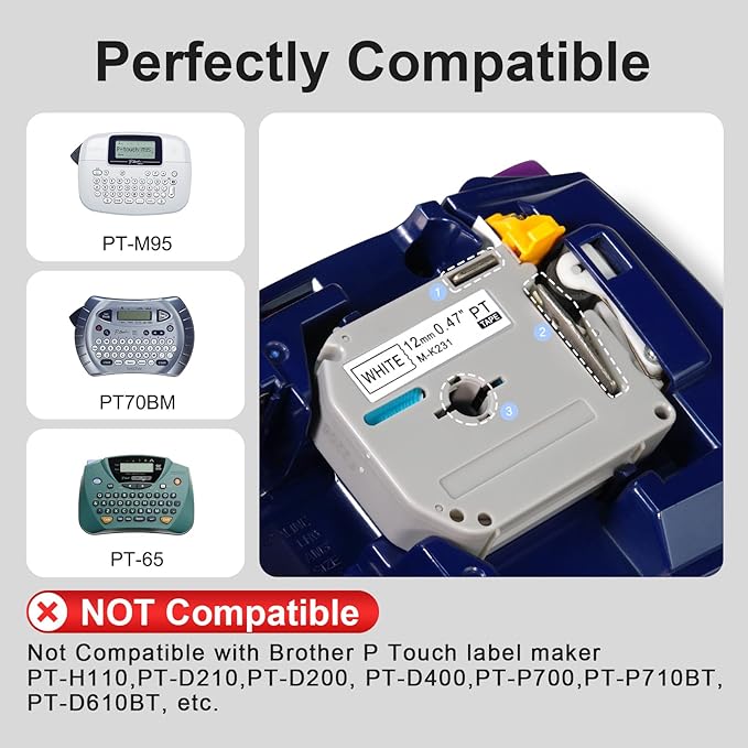 6 Pack Fluorescent Color Compatible M-k231s Brother Label Tape 12mm 0.47 Replacement for Brother P Touch M Tape M-K231 Compatible with P Touch PT-M95 PT-90 PT-70 PT-65 PT-85 Label Maker Refills