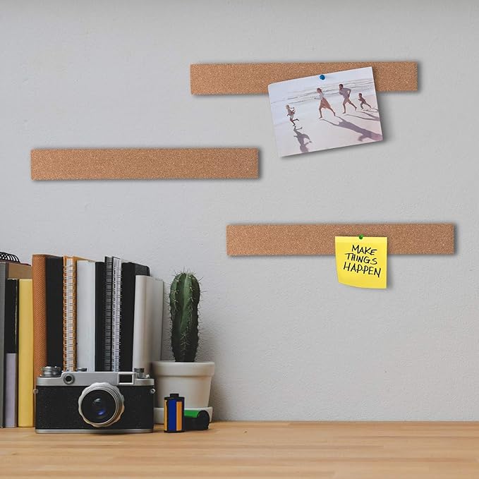 HBlife Cork Board Bulletin Board Bar Strip 8 Pack, 15x2 Inch - 1/2 Inch Thick, Frameless Cork Board Strips with 50 Multi-Color Push Pins, Strong Self Adhesive Backing
