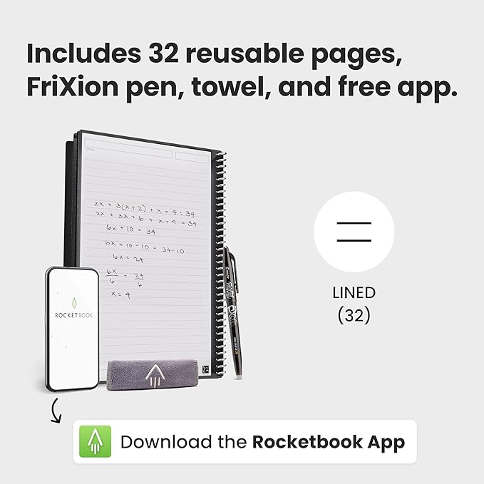 Rocketbook New Core Reusable Spiral Notebook, Letter Size 8.5x11, Gray - Lined Pages, App-Connected, Erasable, Durable Cover, Ideal for School, Work, and Creative Projects (Pack of 1)