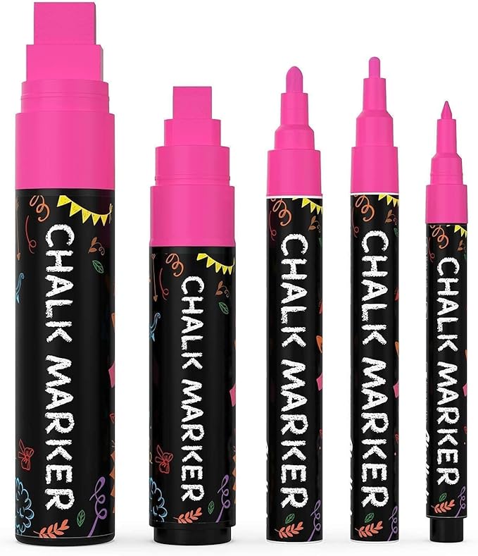 5 Pink Chalkboard Chalk Markers - Pink Dry Erase Markers for Blackboard, Chalkboard Signs, Windows, Glass | Variety Pack - Fine & Jumbo Size Ink Pen (1mm, 3mm, 6mm, 10mm, 15mm)