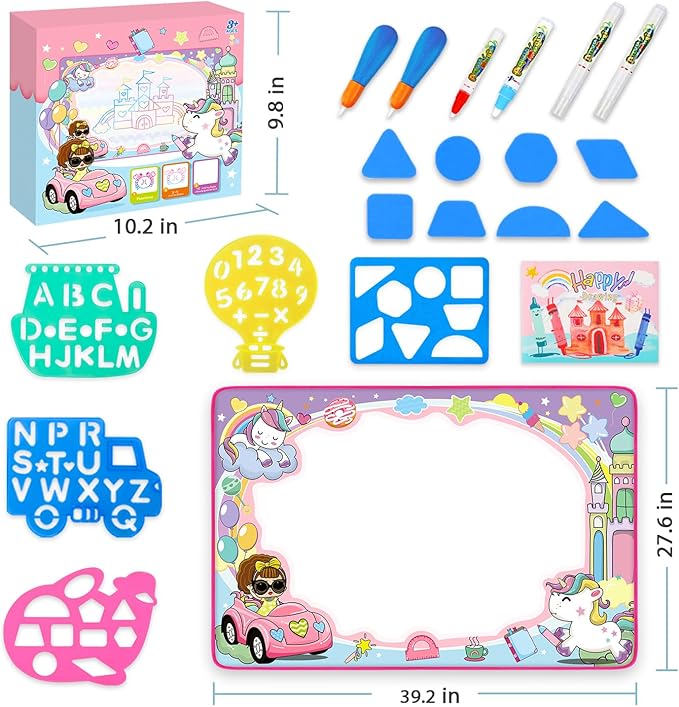 Water Doodle Mat- Kids Painting Writing Doodle Board Toy - Color Drawing Mat Bring Magic Pens Educational Toys for Age 3 4 5 6 7 8 9 10 Year Old Girls Boys Toddler Present