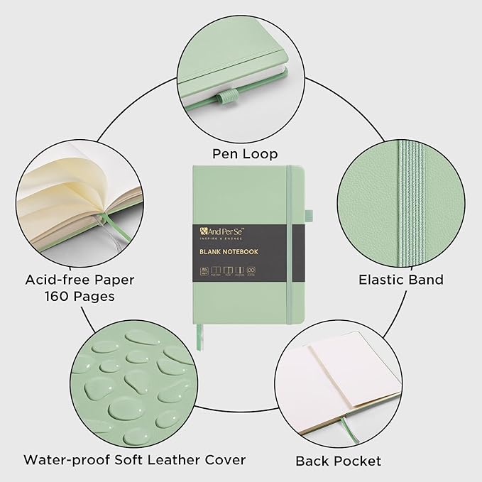 &And Per Se Blank Journal Notebook, 160 Pages, 5.7 x 8 inches College Ruled Thick Paper Notebook Journals for Writing, Hardcover Notebook(1 Pack, Light Green)