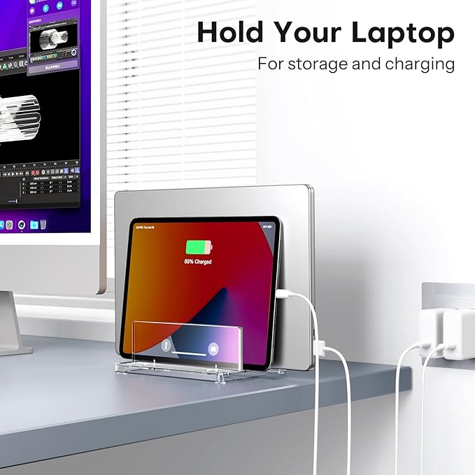 OMOTON Vertical Laptop Stand for Desk, Acrylic Dual Laptop Holder Desktop Clear Adjustable Dock for MacBook Pro Air, HP, All Gaming Laptops up to 17”