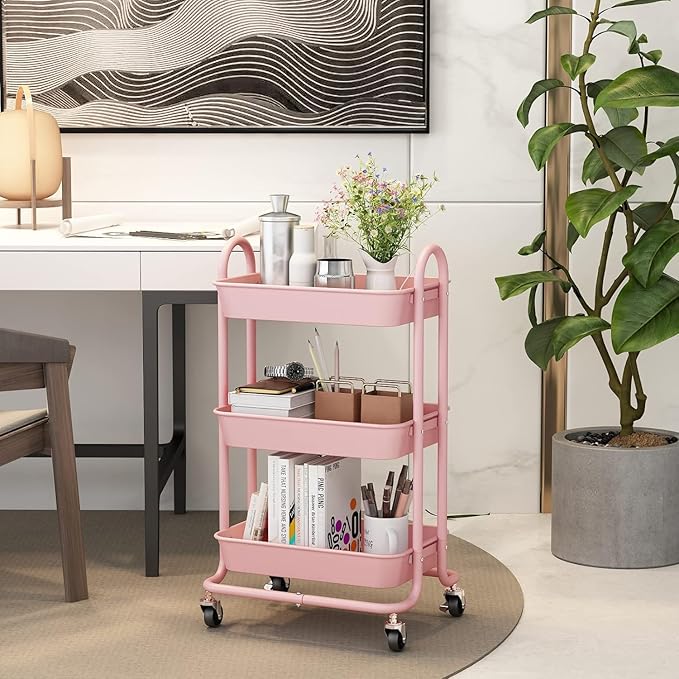 3-Tier Pink Utility Rolling Cart,Kitchen Storage Carts with Wheels,Pink Metal Rolling Cart for Office,Home,Kitchen,Garden（18"x11.4"x31.2"） Pink