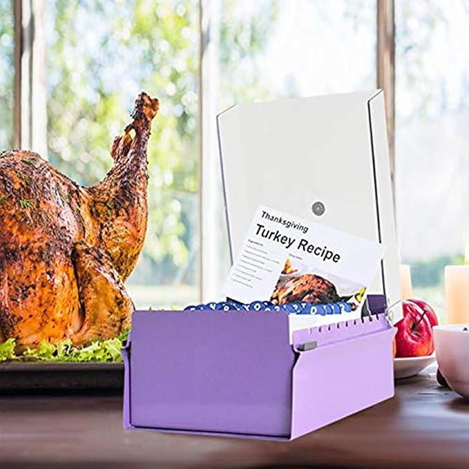 Acrimet 5 X 8 Card File Holder Organizer Metal Base Heavy Duty (AZ Index Cards and Divider Included) (Purple Color with Clear Crystal Plastic Lid Cover)