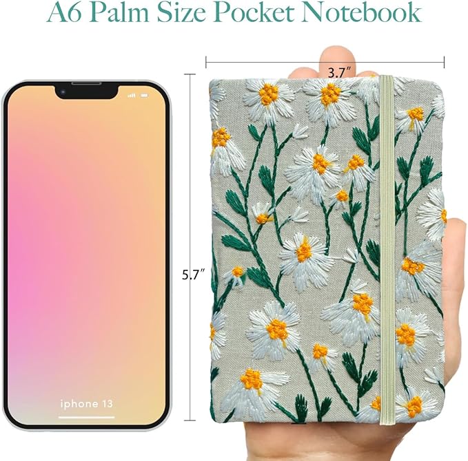 Pocket Journal, Small Notebook, A6 Sketchbook, 4x6, Unlined, Flower Embroidered Notebook, Blank, Hardcover, Lay Flat, Elastic Band, Beautiful Journal, Daisy Gifts for Women, White Daisy