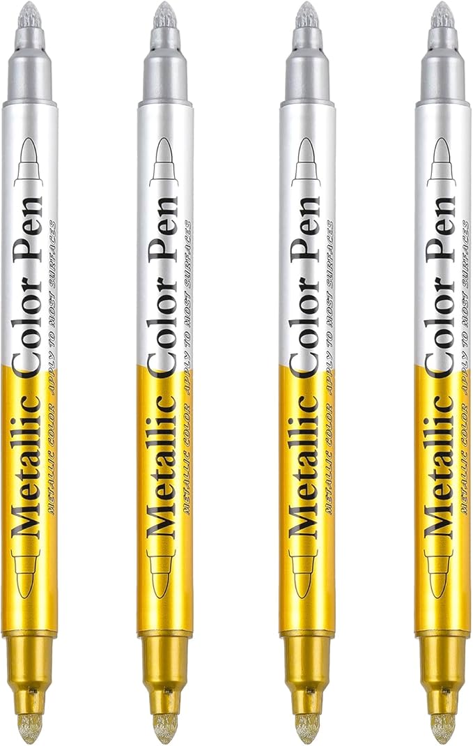 Dyvicl Metallic Marker Pens Dual Tip, Permanent Metallic Silver and Gold Paint Pens for Black Paper, Wine Glass, Rock Painting, Christmas Card Making, Scrapbook, DIY Art Crafts, Set of 4