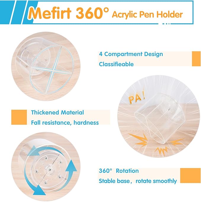 Acrylic Pen Holder, 360 Degree Marker Organizer for Desk, Rotating Desk Storage With 4 Compartments, Art Supply Crayon Holder for Office School Home, Clear