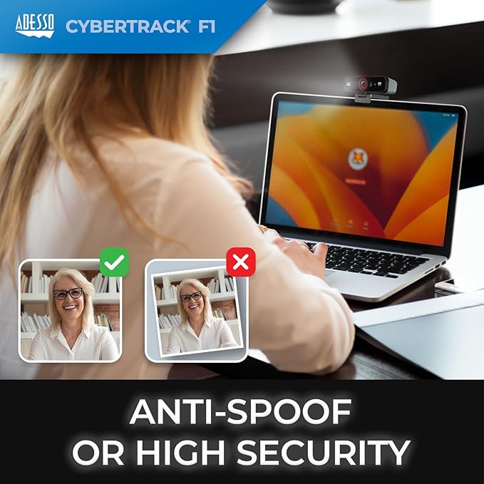 ADESSO CyberTrack F1 1080P HD Fixed Focus USB Windows Hello Webcam, Camera for Desktop PC Built-in Dual Microphone, Privacy Shutter, Audio/Video Mode Privacy ON/Off Switch & Tripod Mount