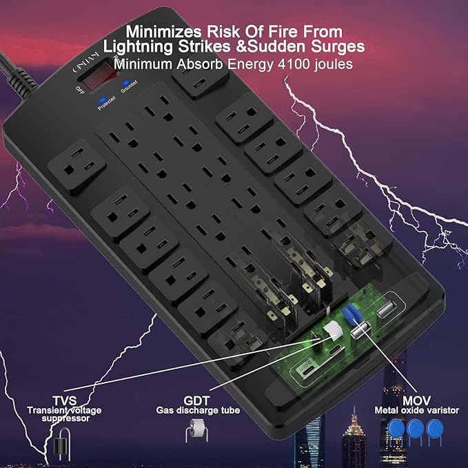 QINLIANF Surge Protector Power Strip - 15Ft Flat Plug Heavy Duty Extension Cord with 24 Outlets and 4 USB Ports(1 USB-C Ports), 1875W/15A, 4100J, for Home, Office, Dorm, ETL Listed, Black