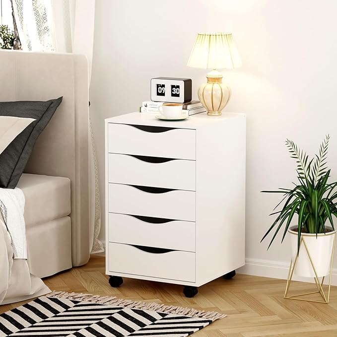 QDSSDECO 5 Drawer Chest Wood File Cabinet Rolling Storage Dresser with Wheels for Home Office, White