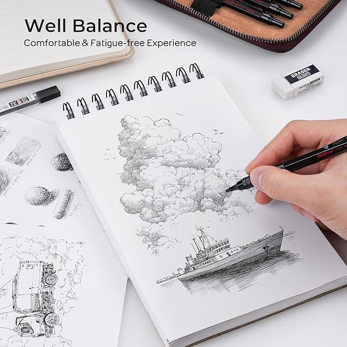 Nicpro 33PCS Black Metal Mechanical Pencil Set in Leather Case, Art Drafting Pencil 0.3, 0.5, 0.7, 0.9 mm, 2mm Lead Holders for Sketching Drawing with 18 Tube (6B 4B 2B HB 2H 4H Colors) Lead Refills