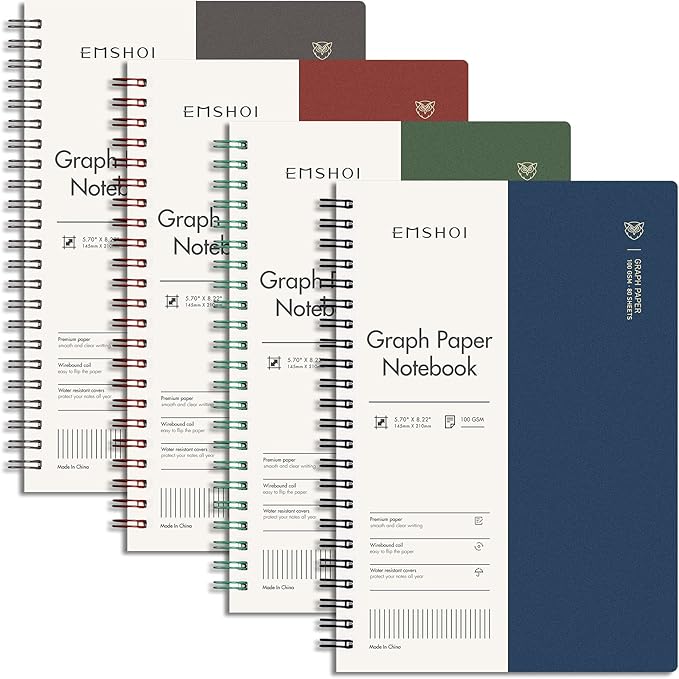 EMSHOI Graph Paper Spiral Notebook 5.7" x 8.22" - 4 Pack 640 Pages 100gsm Thick Grid Paper, A5 Graph Paper Notebook, Plastic Hardcover Journals for Writing Engineering Graphing Work School Supplies