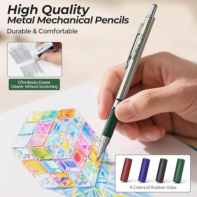 Nicpro 4 PCS Premium 2.0 mm Mechanical Pencils Set, 108 Colored & Black (HB 2B) Lead Refills, Art Metal 2mm Carpenter Pencil with 2 Erasers, 2 Sharpeners for Drafting Sketching Drawing with Case