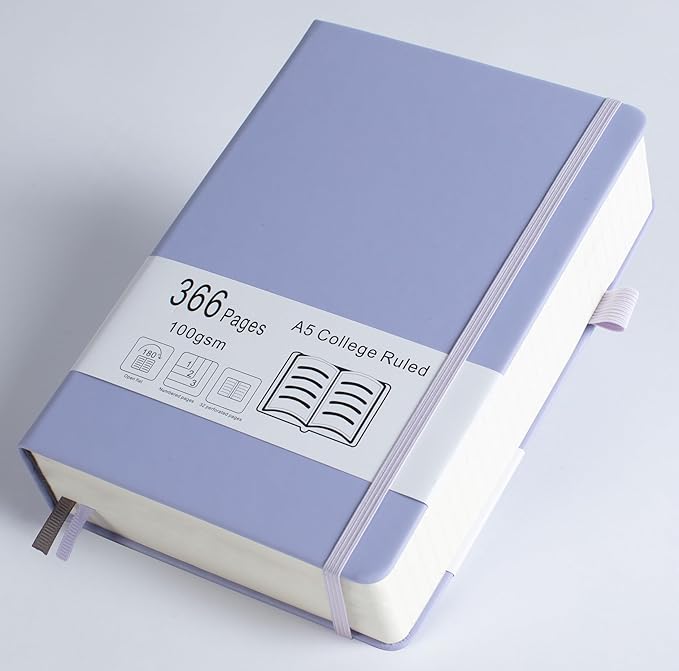 Thick College Ruled Notebook with 366 Numbered Pages, A5 Journal for Writing with 100GSM Lined Paper, Hardcover Leather Notebooks for Women Office Work Diary, 5.7"x8.3" Lavender