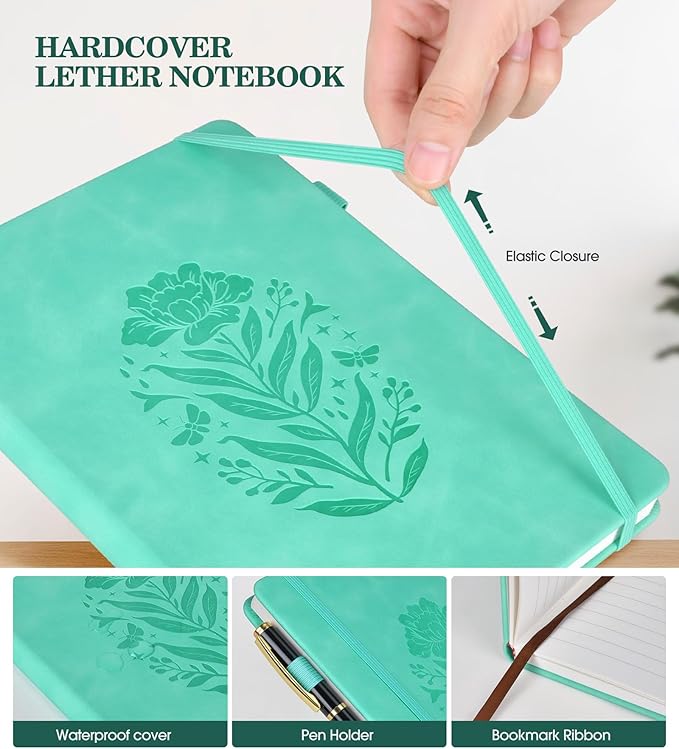 Lined Journal Notebook for Women, Hardcover Leather Journaling Notebooks, B5 200 Pages Large Journals for Writing, College Ruled Notebook for Work School, Note Taking Diary 7.6'' X 10'' Green