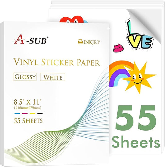 A-SUB 55 Sheets Vinyl Sticker Paper for Inkjet Printer - Glossy Printable Vinyl 8.5x11 Inch Waterproof Sticker Paper for DIY Any Decal You Like