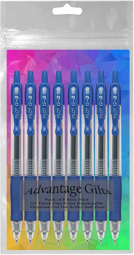 G2 Retractable Premium Gel Ink Roller Ball Pens Extra Fine Point (.5mm) Blue Ink 8 pack; Refillable & Premium Comfort Grip Bundle with Plastic Reusable Pouch
