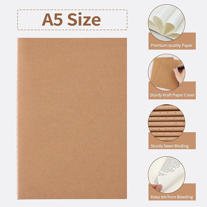EOOUT 24 Pack A5 Lined Journaling Notebooks for Writing, Kraft Notebook Journals 8.3x5.5in College Ruled Subject Notebooks 30 Sheets 60 Pages for School Office Supplies
