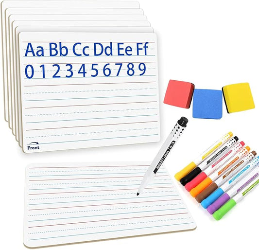 6pack Dry Erase Board 9"x12" with Lines and Blank Surface Learning,Math,Writing - Student,Teacher & Homeschool Supplies Mini Whiteboard Erasers Included Colors pens