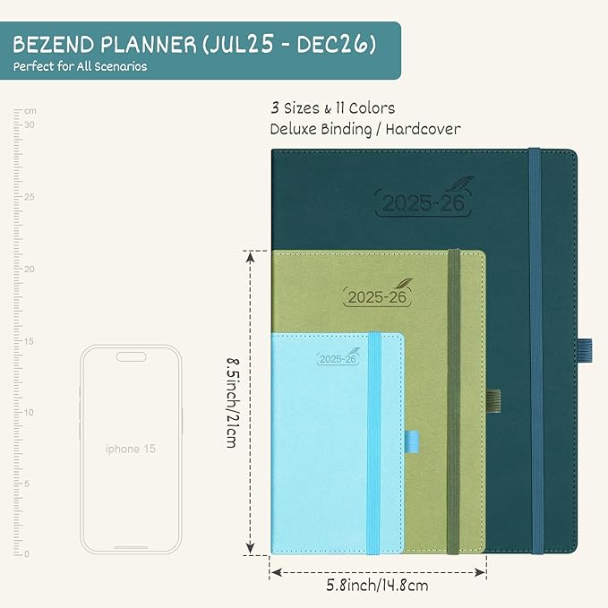 BEZEND Planner 2025-2026 Weekly and Monthly, 5.8" x 8.5" Academic Calendar (Jul 25-Dec 26) Vertical Daily Appointment with Hourly Timeslot & Monthly Tab, PU Leather Hardcover - Dark Green