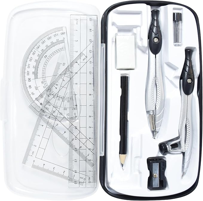 SAYEEC Geometry Set, 10 Pcs Math Protractor Compasses Kit with Ruler, Triangles, Eraser, Sharpener, Lead Refills, Pencil, Storage Box, Drafting Drawing Tools for Architects Engineers Artists Students