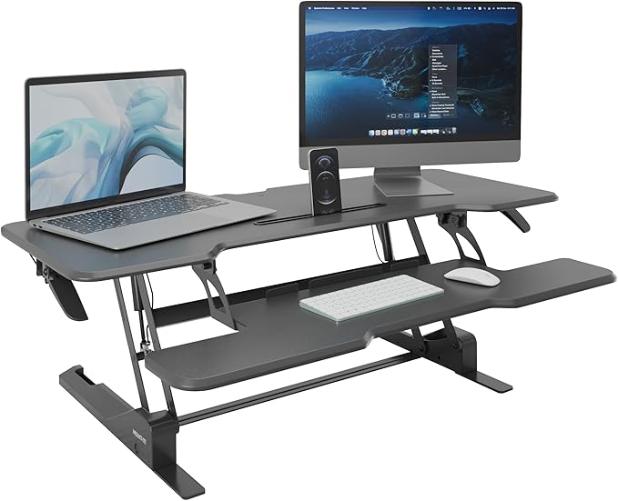 Mount-It! 47" Standing Desk Converter, Large Wide Tabletop Height Adjustable Desk Riser with Gas Spring, Desktop Sit Stand Up Desk with Keyboard Tray Fits 2 Monitors or Monitor and Laptop, Black
