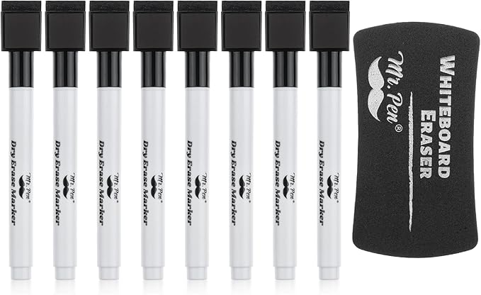 Mr. Pen- Magnetic Dry Erase Markers, 8 Pack with 1 Dry Erase Eraser, Black Dry Erase Markers Magnetic, Dry Erase Markers with Magnet, Dry Erase Magnetic Markers, Dry Erase Pens Fine Tip Dry Erase