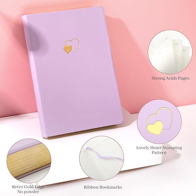 CAGIE Lined Journal Notebook for Women and Girls 256 Pages Cute Diary with Heart-Shaped Leather Journals for Writing A5 Soft Cover Notebooks for Work School (Purple2, A5)