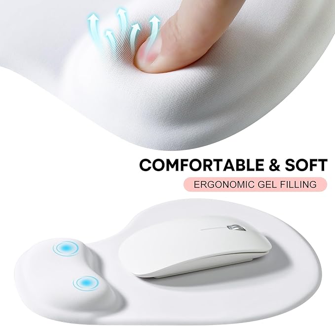JIKIOU Mouse Pad, 2 Pack Ergonomic Mouse Pads with Comfortable Gel Wrist Rest Support and Lycra Cloth, Non-Slip PU Base for Easy Typing Pain Relief Durable and Easy to Clean Small White