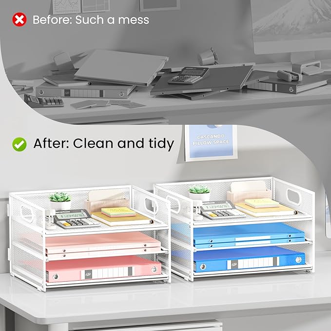 Subekyu 2-Pack 3-Tier White Metal Mesh Desk Paper Letter Tray & File Sorter Organizer with Handle + 1 Sliding Tray for Desk, Home, Office, School Supplies, A4 Paper and Accessories Storage