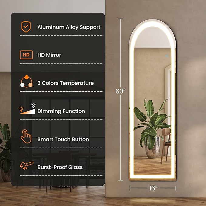 Arched Full Length Mirror with LED Lights, 60"x16" Floor Length Mirror with Stand, Body Floor Mirrors with Dimming & 3 Color Lighting, LED Mirrors for Bedroom, Dressing Room, Cloakroom