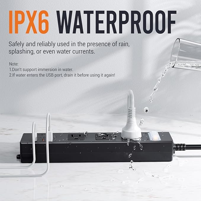 IPX6 Outdoor Power Strip Weatherproof, Waterproof Surge Protector with 3 Wide Outlet with 1A2C USB Ports, 10FT Long Extension Cord, Wall Mountable for Outside Decorations and More UL Listed(Black)