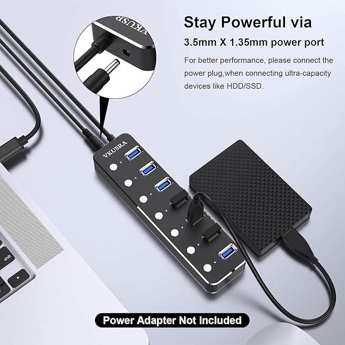 USB Hub, VKUSRA 7 Port USB Hub 3.0 with 4ft USB Long Cable, and Aluminum USB 3.0 Hub with Individual On/Off Switch and LED Indicator, USB Splitter for Laptop & PC, Power Adapter Not Included