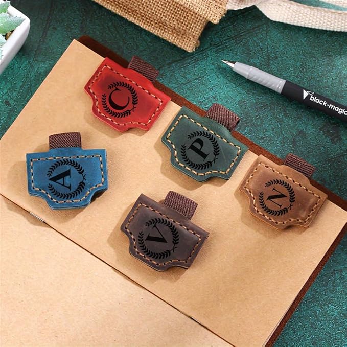 Custom Bookmark with Pen Holder with 26 Letters Personalized Magnetic Leather Book Mark, Customized Name Book Marker Clip with Initial for Men Women, Gifts for Book Lovers, Readers, (Blue, A)