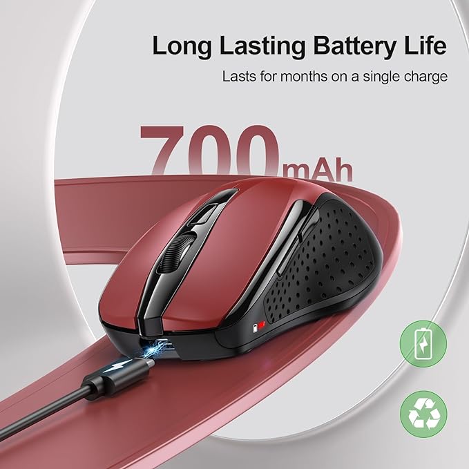 TECKNET Wireless Mouse (BT5.0/3.0 & 2.4G) Rechargeable 4800 DPI Silent USB A & Bluetooth Mouse 6 Buttons, Wide Compatibility - Red