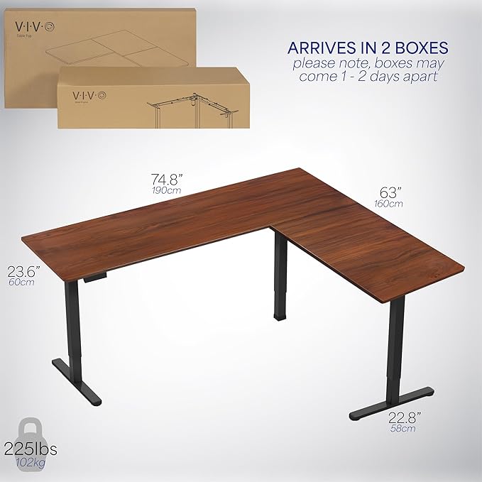 VIVO Electric Corner L-Shaped 75 x 63 in Standing Desk, Memory Height Adjustment, Dark Walnut Top Black Frame, DESK-E3CTD-75