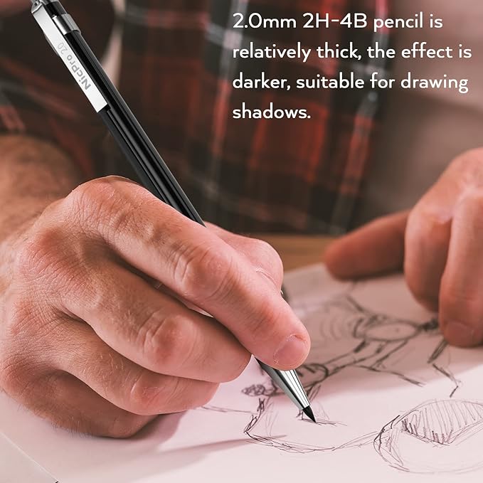Nicpro 20PCS Black Metal Mechanical Pencil Set in Leather Case, 0.3, 0.5, 0.7, 0.9 mm & 2mm Lead Pencil Holders, (4B 2B HB 2H) Lead Refills (Black & Colors), Erasers For Art Drafting Sketching Drawing