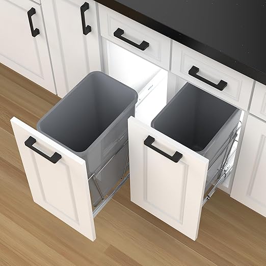 Single Pullout Trash Can for Under Kitchen Cabinets Include Single 35QT Trash Bin Doesn't Include Door Fittings, Bottom-Mount Recycling Bin