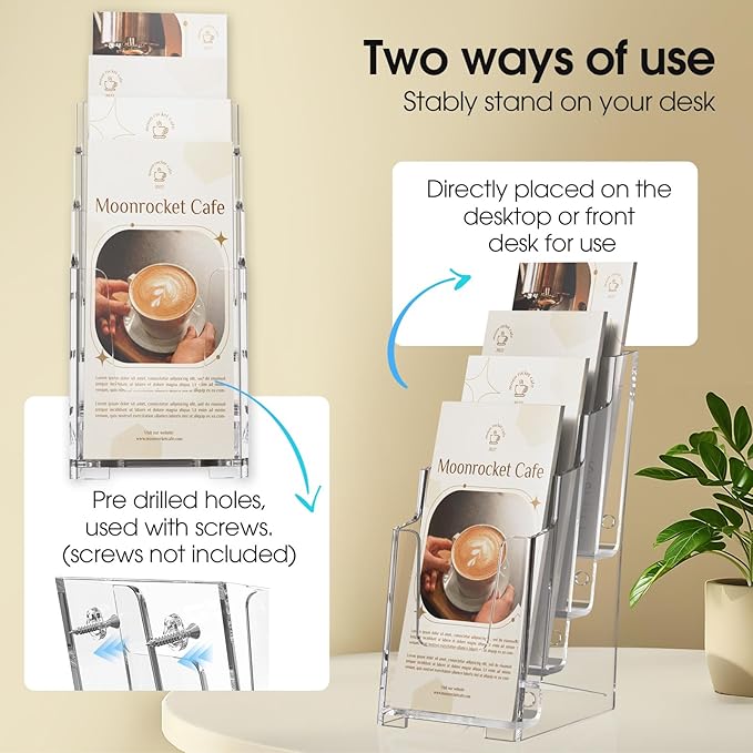 MaxGear Acrylic Brochure Holder, 4-Inch Wide 4 Tier Clear Literature Holder Premium Acrylic Pamphlet Holder Multi Pocket Brochure Display Stand, Wall Mount or Counter Top Use(2 Pack)