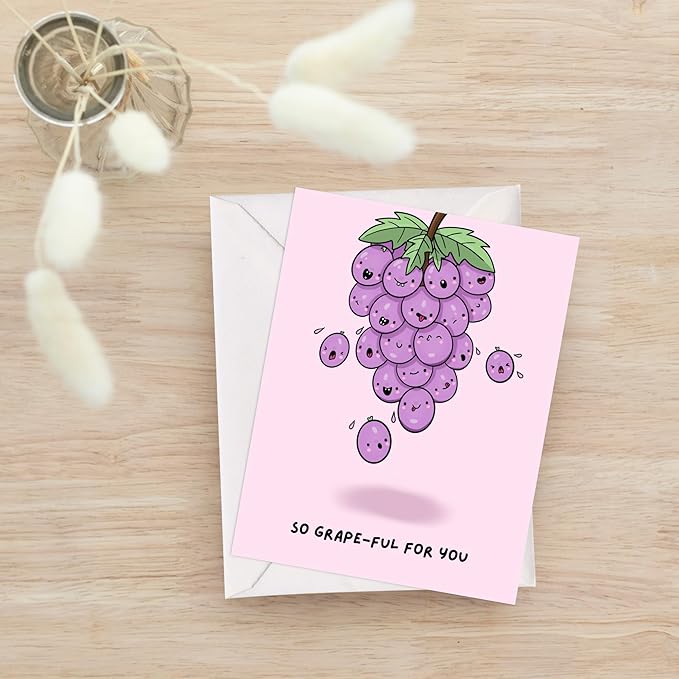 ALY LOU Cute Thank You Card, Thank U Greeting Note Card for Business, Teacher, Wedding, Birthday, Baby Shower, Blank Inside (So Grape-ful For You)