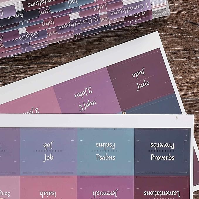 Thinkor Laminated & Repostion Bible Tabs, Large Print Christian Gift for Women and Men, Easy to Read and Apply Bible Journaling Tabs (Purple & Pink Print)