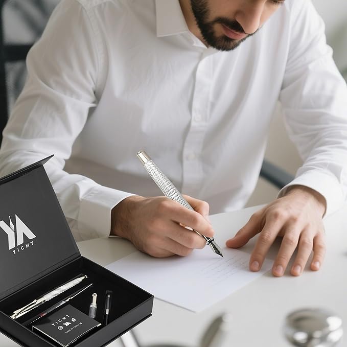 Fancy Fountain Pen Set – Fine & Medium Nibs, Includes 18 Ink Cartridges, Ink Converter, Syringe Filler, Luxury Gift for Writing, Journaling & Calligraphy，Silvery